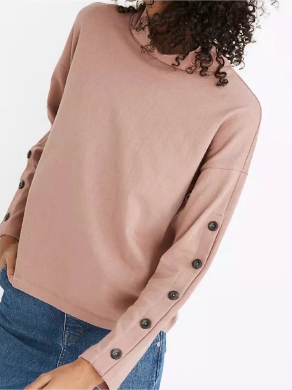 Madewell Organic Cotton Mauve Button Sleeve Turtleneck Top